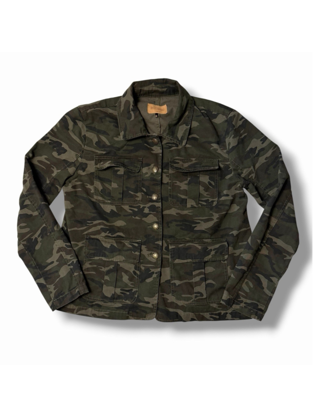Driftwood LG Womens Green Camo Button Up Canvas Jacket Cotton Flap Pocket EUC